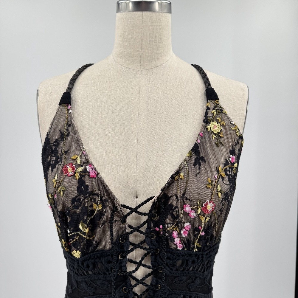 Sky Mini Dress Corset Womens S Black Floral Embroidered Lace Mesh Y2K Made USA - Picture 5 of 13